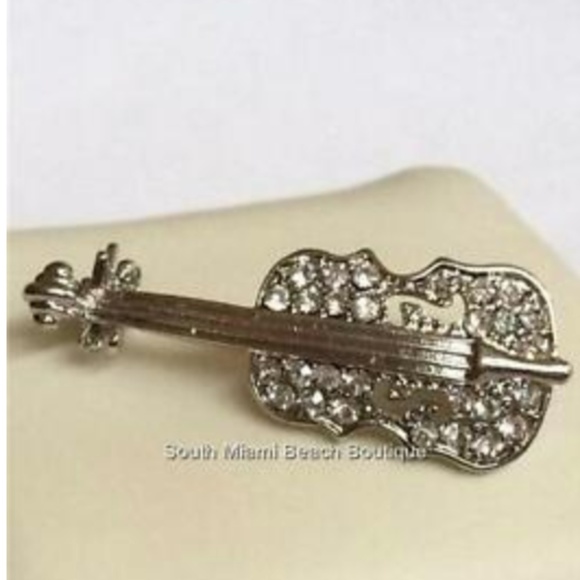 Silver Crystal Violin Pin Brooch Fiddle Music - Picture 2 of 8